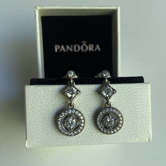 PANDORA Vintage Allure Clear CZ Dangle Earrings #290722CZ RETIRED Authentic - Picture 3 of 5